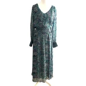 Soft Surroundings fairycore bluegreen maxi dress sheer overlay ruched sz M boho